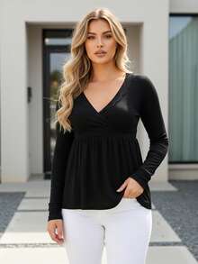Women's Fall Peplum Tops Fashionable Casual Solid Color Long Sleeve V Neck Ruffle Hem Shirts - 黑色 - 查看 2