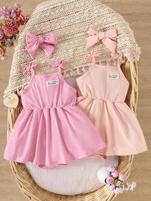 4pcs/Set Baby Girls' Solid Ribbed Casual Cute Bodysuit Dress + Bow Headband Set, Summer - Pink - View 1