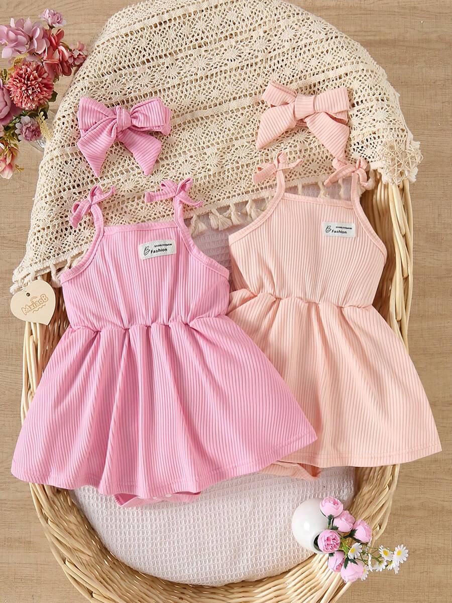 4pcs/Set Baby Girls' Solid Ribbed Casual Cute Bodysuit Dress + Bow Headband Set, Summer - Pink - View 1