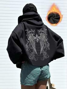 New Minimalist Angel Wings Print Casual Round Neck Long Sleeve T-Shirt, Fashionable & Versatile, Suitable For Women Fleece Hooded T-Shirt In Autumn/Winter - Black - View 1