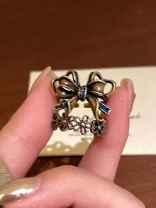 2件套复古蕾丝蝴蝶结装饰开口戒指套装，适合女士日常佩戴