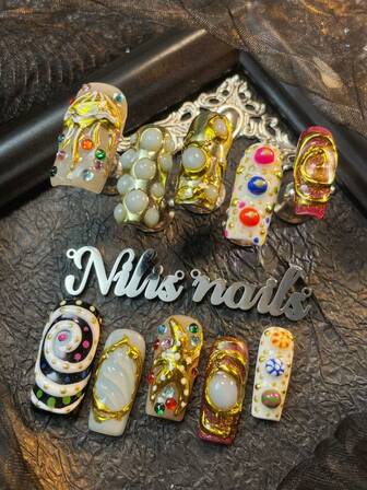 10pcs Square Nails,Black&White&Apricot Multi Color Nail Art,Red Cat Eyes,Handmade Chrome Nails Powder,Hand Drawn 3D Stereoscopic Geometric Patterns&Starfish&Jellyfish&Colorful Polka-Dot Nail Patterns,Y2k Style Wearable Nail Art Set,Suitable For Women And Girl For To Wear Daily Parties (Includes:A Piece Of Jelly Glue And A Friction Strip)Nail Supplies Nails