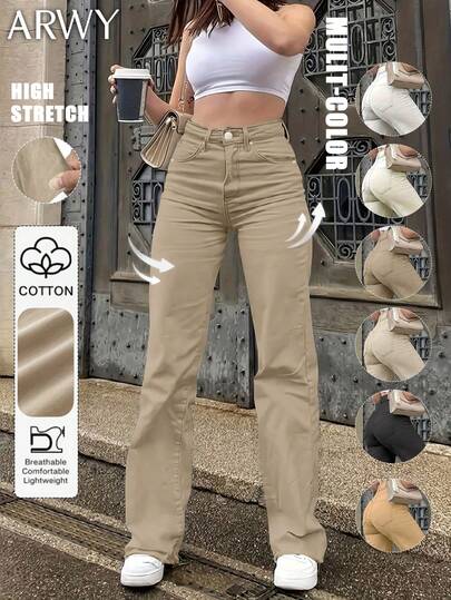 Jeans de cintura alta, unicolor, de corte recto y ajustado, de moda minimalista y versátil para mujer, aptos para uso casual, viajes, citas, todas las estaciones, vuelta al colegio, Pascua, Día de la Independencia, Carnaval, Navidad