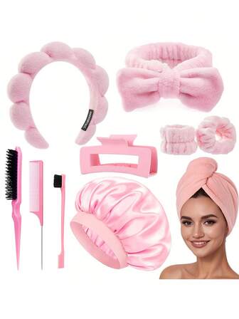 10개 스파 헤어밴드 및 헤어 케어 세트 | 슬릭 백 헤어 브러시, 헤어 밴드 손목 밴드 및 클로 클립이 있는 부드러운 나이트캡, 여성을 위한 극세사 타월, 헤어 스타일링 및 드라이 헤어에 이상적, 유니섹스, 여성용 그루밍 및 스킨케어 도구 키트 콤보 - 속이 빈 헤어 빗, 헤어밴드, 머리끈, 얼굴 마사지 롤러, 스크래핑 보드, 손목 스트랩
