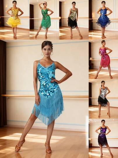 Robe camisole à franges pailletées pour danse latine femme, robe de bal de danse professionnelle pour représentation (plusieurs couleurs disponibles)