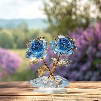 2D Flat, Elegant Acrylic Crystal Blue Rose Display With Golden Stem - Ideal Valentine's Day Gift, Perfect For Home, Office, Cafe Decor | Romantic, Battery-Free Tabletop Accent, Valentines Decorations