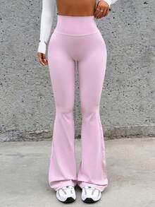 Aoqta Sports 女士夏季休闲纯色长裤，修身高腰喇叭裤，简约百搭，适合瑜伽、跑步、健身、日常穿着 - 粉色 - 查看 4