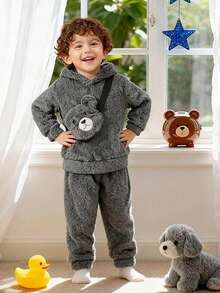 Bộ đồ thể thao thường ngày cho bé trai mặc hàng ngày, mùa đông, áo hoodie và quần dài màu trơn - Xám - Xem 9