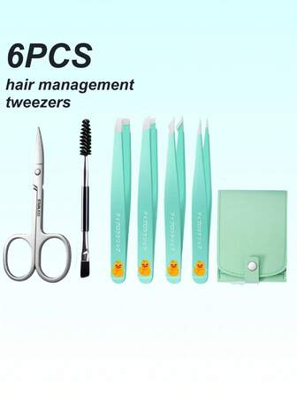 6개 녹색 오리 프린트 눈썹 클립 세트, 전문 스테인리스 스틸 눈썹 족집게, 눈썹, 얼굴, 턱, 내향성 모발용 그루밍 도구