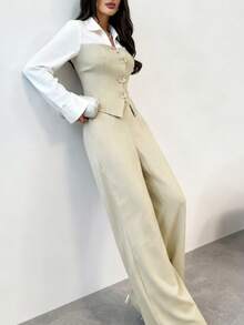 Women's Fashion Collared Shirt And Sleeveless Button Detail Vest With Matching Wide Leg Pants 2 Pieces Set - Apricot - View 2