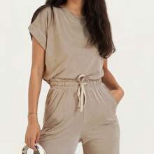 Women's 2-Piece Set Short Sleeve Relaxed Fit Top And Wide Leg Pants With Soft Stretch Fabric And Drawstring Waist - 卡其色 - 查看 6