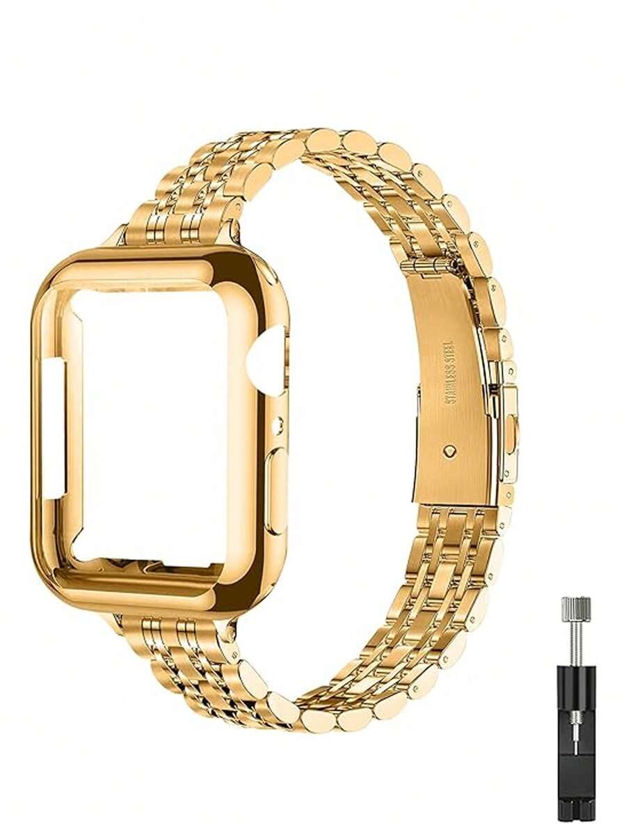 Huastonband 金色不锈钢表带 + 屏幕保护膜表壳，兼容 41mm、40mm、38mm、45mm、44mm 和 42mm 表盘尺寸的 Series 11、10、9、8、7、6、5、4、3、2、1、SE 和 SE2，奢华金色配件，纤薄女士表带和表壳