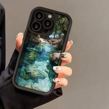 Cubierta de telefono con borde negro y diseño de arroyo cristalino en bosque para iPhone 14 Pro Max Protector de pantalla con impresion natural para uso diario y viajes - Café integral - Ver 5