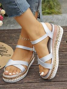 Women's Silver Rivet Decor Criss-Cross Strap Buckle Platform Wedge Heeled Sandals, Fashionable Wedge High Heels, Vacation & Daily Wear - Silver - View 6