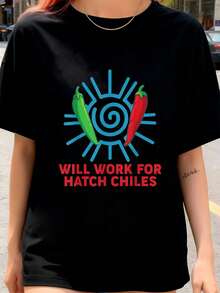 New Mexico Chili Peppers Will Work For Hatch Chiles T-Shirt Damen T-Shirt Grafik-T-Shirts Crop Tops Outfits Tops T-Shirt - Schwarz - Übersicht 1