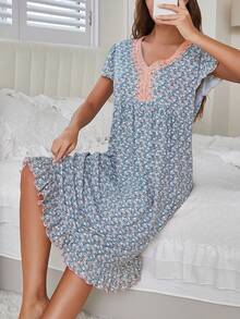浪漫碎花短袖长款睡裙，优雅舒适的荷叶边下摆连衣裙 - 藍色 - 查看 2