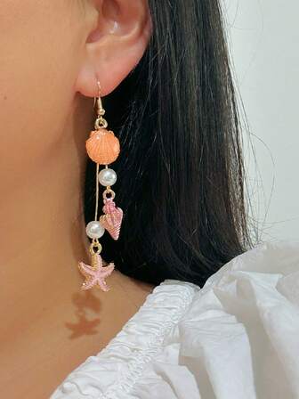 1 par de pendientes de aro dorado con elemento marino, perla, estrella de mar y concha. Accesorios de estilo de vacaciones #Esencial de viaje a la playa Artículo de toque final adecuado para que las mujeres usen en vacaciones