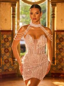 Faeriesty Đầm dạ hội cúp ngực đính cườm và sequin với cổ chữ V sâu, dây đeo nhiều sợi ngọc trai giả, thêu hạt cườm và sequin giả, điểm nhấn bằng vải tuyn xuyên thấu và lưng hở – Phong cách thanh lịch, sang trọng và gợi cảm, lý tưởng cho các sự kiện thảm đỏ, tiệc gala, lễ trao giải, tiệc cưới cao cấp mùa xuân. - Rượu sâm banh - Xem 7