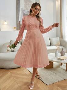 Simplee Gaun Wanita Musim Semi Motif Renda Patchwork Warna Polos Lengan Panjang Berlipit, Gaun Formal Elegan, Gaun untuk Tamu Pernikahan, Gaun Ulang Tahun - Berwarna merah muda - View 1
