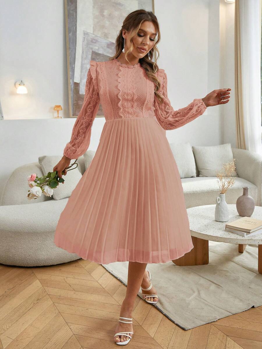 Simplee Gaun Wanita Musim Semi Motif Renda Patchwork Warna Polos Lengan Panjang Berlipit, Gaun Formal Elegan, Gaun untuk Tamu Pernikahan, Gaun Ulang Tahun - Berwarna merah muda - View 1