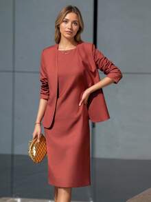 Women's Suit Dress Set, Elegant Minimalist Fashion Business Casual Mid-Length Dress & Blazer Two Pieces Suit - Brick Red - View 6