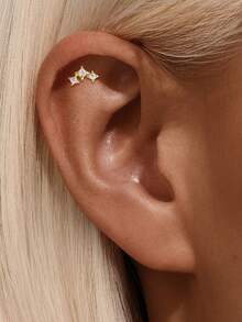 1Pc 925 Sterling Silver Stud Earrings For Women Tiny Cubic Zirconia Cartilage Stud Earrings Hypoallergenic Piercing Body Jewelry Christmas Valentine's Birthday Gifts - Gold - View 6