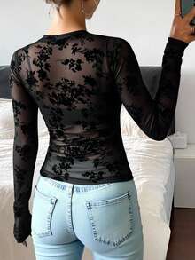 Livesso Women's Fitted Sheer Lace Crew Neck Pullover Top Going Out Tops Long Sleeve Women Tops,Fall Women Clothes - Black - View 4