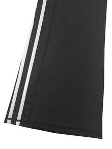 大码女式高腰提臀喇叭瑜伽裤，侧边饰有白色条纹，阔腿设计，带侧袋，适合休闲、运动、跑步和训练。 - 黑色 - 查看 5