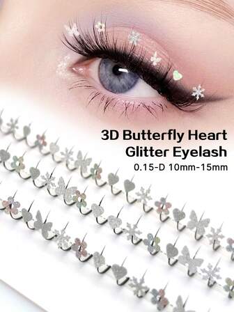 aHoneya 60片银色雪花仙女假睫毛，闪亮蝴蝶假睫毛，星星假睫毛，闪光花朵派对假睫毛，10-15毫米