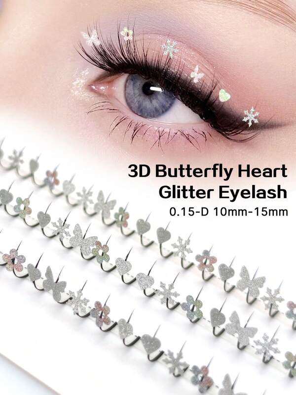 aHoneya 60 pezzi ciglie finte argentate a forma di farfalla, ciglie finte da festa con glitter a forma di cuore e stella, ciglie finte da matrimonio con fiori luccicanti, lunghezza 10-15mm