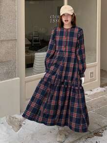 DAZY 女士宽松休闲百搭格子圆领长袖长款喇叭下摆连衣裙，秋冬款 - 紅色 - 查看 2