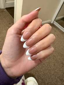 JUTI 10pcs/Set Handmade Short Almond Shape White French Fashion Design Full Coverage Fake Nails Press-On Nail Art Supplies Suitable For Office Ladies, Parties And Daily Wear Full Coverage Fake Nails - Multicolor - View 3