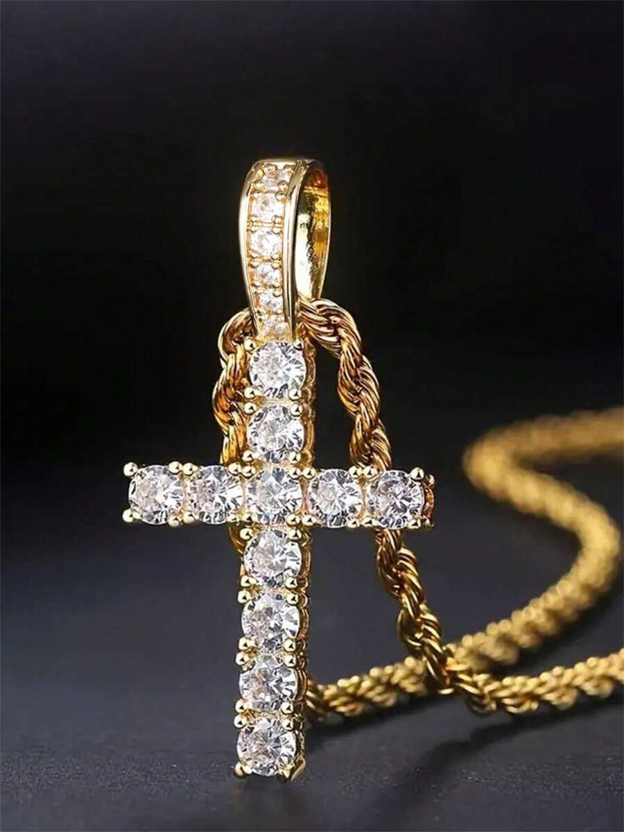 1pc Elegant Cubic Zirconia Cross Pendant Necklace, Gift For Women, Wedding Jewelry