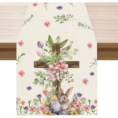Mantel de mesa de arpillera con conejo, huevos de colores, hojas y cruz en acuarela, decoración rústica adecuada para primavera, hogar, cocina, comedor, festividades interiores y decoración de granja