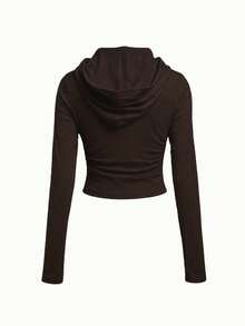 女士纯色高弹修身长袖连帽T恤，简约风格，适合春、秋、冬季穿着，也可作为万圣节、圣诞节、教师节、外套、约会等场合的百搭上衣，韩版风格。 - 咖啡棕 - 查看 5
