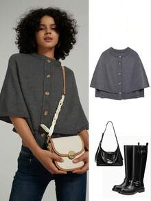 女士时尚百搭通勤披肩领针织毛衣上衣 - 深灰色 - 查看 1