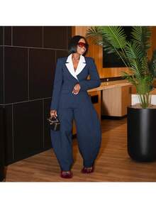 GLOURI Women's Pinstripe Two-Piece Suit - Contrasting White Lapel & Wide-Leg Pants | Chic Sophisticated Style For Formal Events,Asymmetric Design Fashion Gatherings & Evening Outings (Statement-Making Silhouette) For Polished Glam Looks - 藍色 - 查看 8