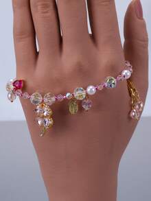 1条甜美粉色串珠心形花朵手链，时尚小众可调节女士手链 - 粉色 - 查看 4