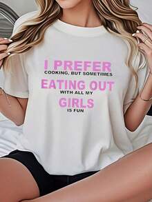 Women's - Shirt Casual Round Neck Black White Options Cooking And Eating Out With Girls Fun Print Graphic Tee Daily Wear Shirts Summer Tops Graphic Tees Summer Outfits Women Graphic Tees Women Crop Tops Tops Women Vintage Cotton Cute Clothes Women Unisex Plus Size T Shirts - 白色 - 查看 1