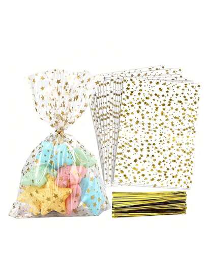 50pcs/10pcs Golden Star Printed , Clear Cellophane Treat Bags With Twist Ties - Durable Plastic Gift Packaging For Birthdays, Weddings, Parties, Bakery & Craft Favors, Party Favors, Decorative Wrapping, Highquality Wrap, Party Supplies, Event, Gift Bags, Small Gift Bags, Event Decorations, Festive Design, Elegant Presentation, Sturdy Material, Wedding Planners