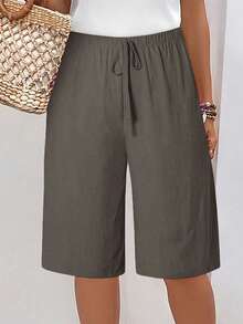 Women Solid Color Minimalist Casual Shorts - Light Grey - View 3