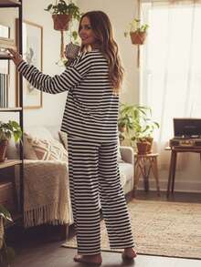 Women's Fall Pants Set Stylish Striped Crew Neck Long Sleeve Tops And Straight Leg Pants 2 Pcs Set - Màu xanh lam - Xem 5