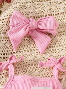 4pcs/Set Baby Girls' Solid Ribbed Casual Cute Bodysuit Dress + Bow Headband Set, Summer - Pink - View 3