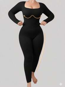 Plus Size Women Seamless Slimming Bodysuit With Compression, Long Sleeve And Pants