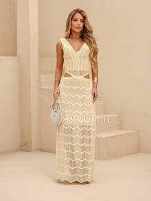 Women's Long Knit Party Dress With Lace, Lined, And Waist Cutout. Perfect For New Year's Eve, Christmas, In White, Red, And Olive Green. - Vàng bơ - Xem 1