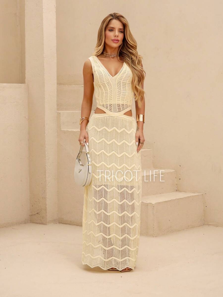 Women's Long Knit Party Dress With Lace, Lined, And Waist Cutout. Perfect For New Year's Eve, Christmas, In White, Red, And Olive Green. - Vàng bơ - Xem 1