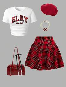 Tween Girl Cartoon Print Short Sleeve Top And Plaid Print Skirt - White - View 1