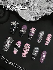 10片手工棺材形美甲贴纸，精致假指甲，DIY美甲，黑粉虎纹元素，饰以星星、蝴蝶结和钻石，完美展现暗黑甜美少女风格，适合女孩和女士在婚礼、派对、节日等场合佩戴，是理想的美甲套装礼品。 - 彩色 - 查看 5