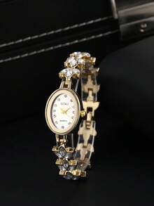 1 Set Mother's Day Women's Watch Set, Fashionable Elegant Round Dial Quartz Watch With Heart-Shaped Pendant Necklace, Earrings, Ring And Bracelet. This Jewelry Set Is Suitable For Daily Wear, Birthday Gift, Back To School, Thanksgiving And Romantic Occasions, Best Choice (Excluding Gift Box) - Gold - View 3