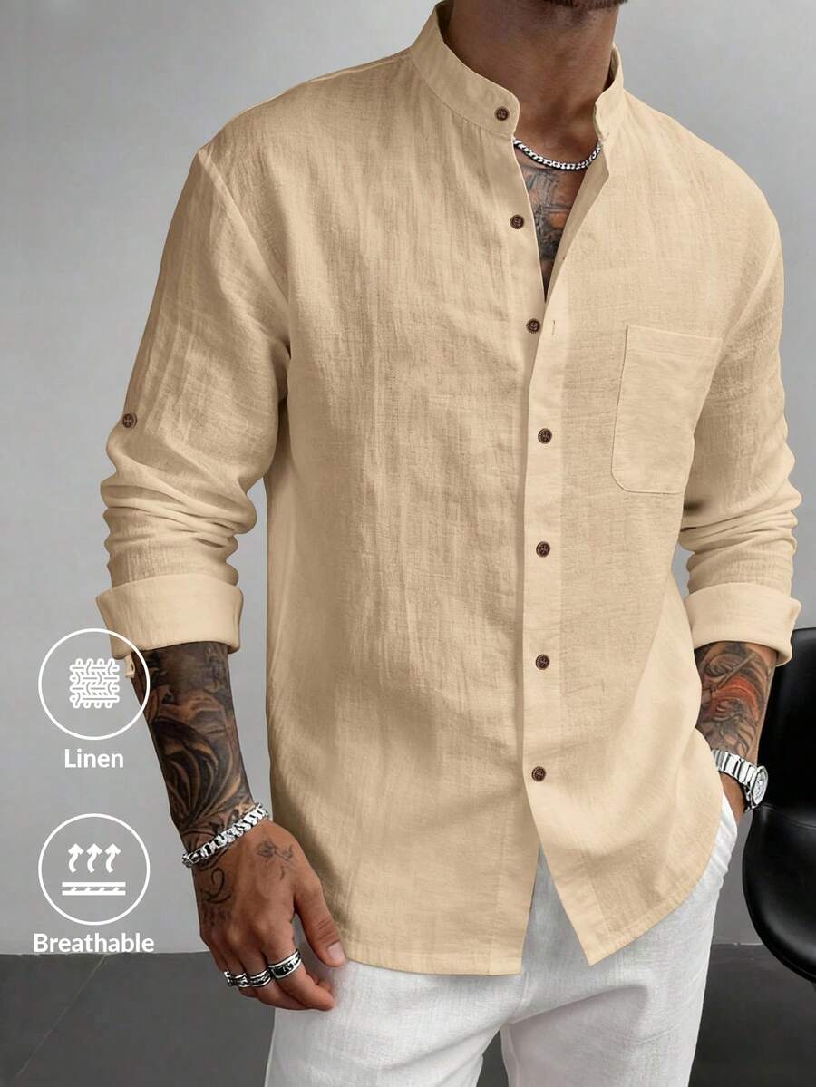 Men's Shirt Linen Long Sleeve Shirt,Camisa De Hombre,Long Sleeve Shirt For Men,Old Money Outfits Men,Outdoor Music Festival, Boyfriend/Husband Gift, Anniversary Gift,Suitable For Beach Vacation,Spring,Summer - 黑色 - 查看 1